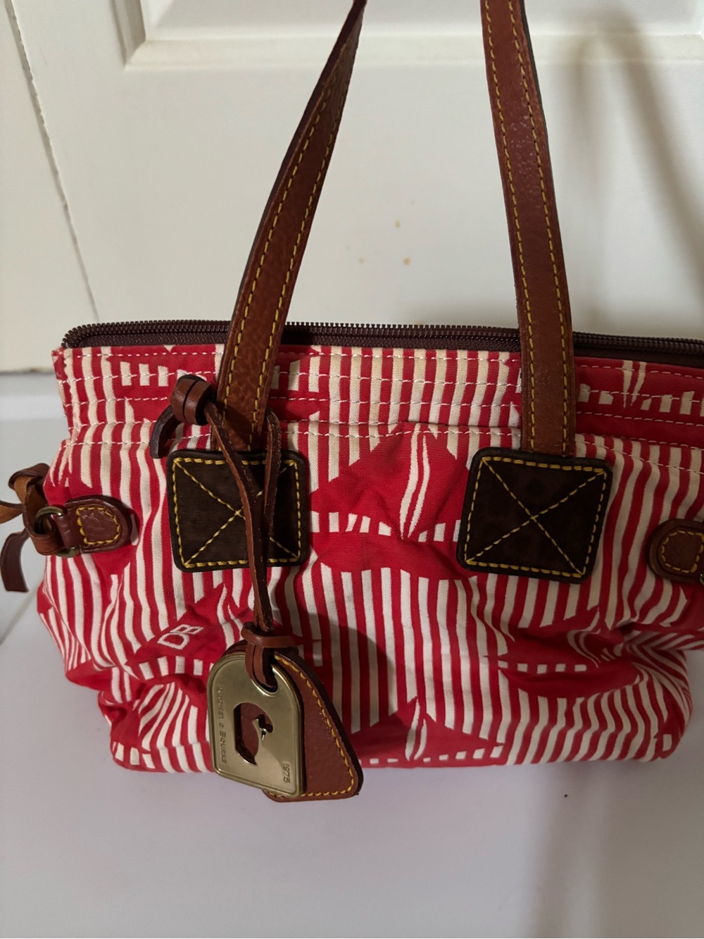 Red & White Striped Women’s Handbag with Brown Leather Trim